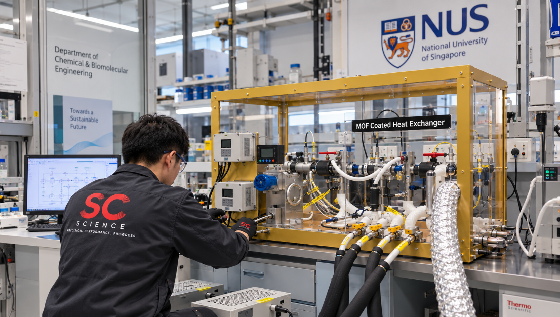 SC Science technician operating the MOF Coated Heat Exchanger Test Rig at the NUS Department of Chemical and Biomolecular Engineering