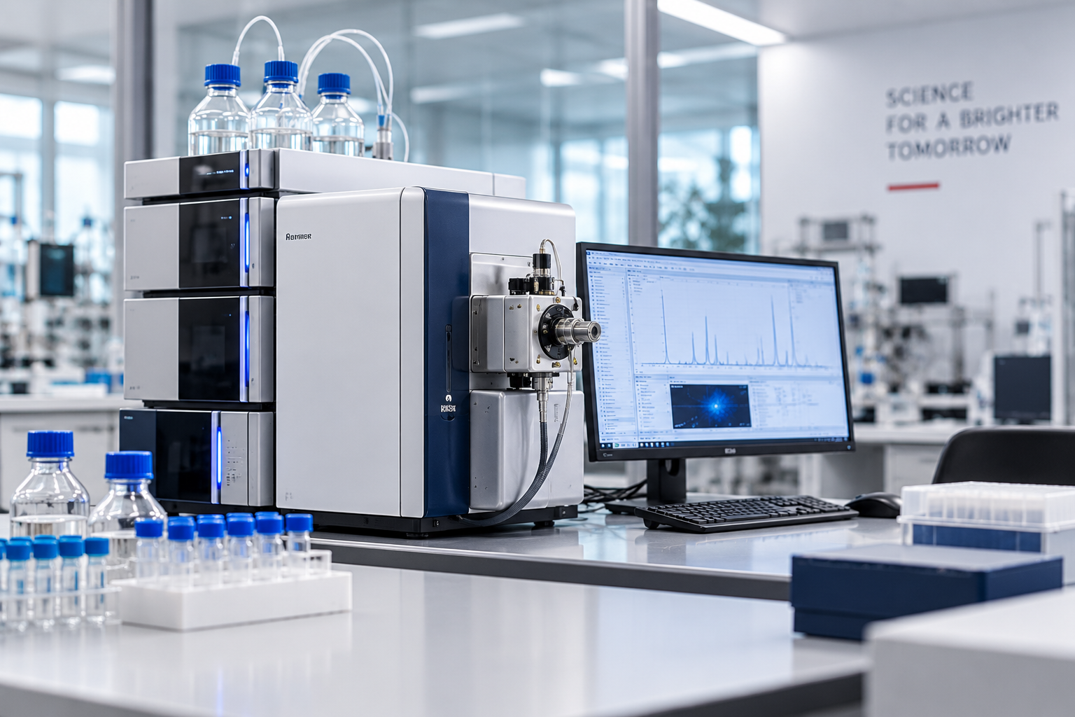Bench-top analytical instrument with sample vials in an SC Science laboratory