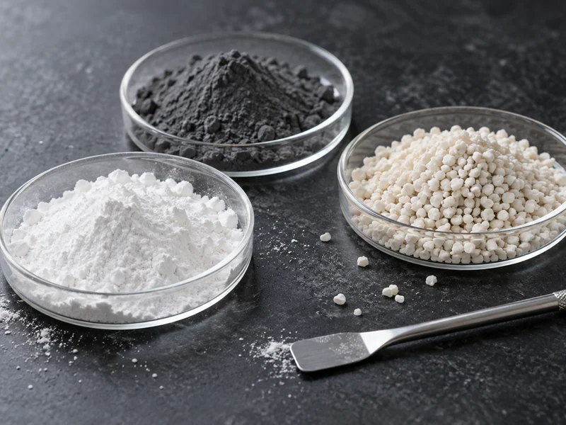 Research powder samples in shallow dishes with a metal spatula.
