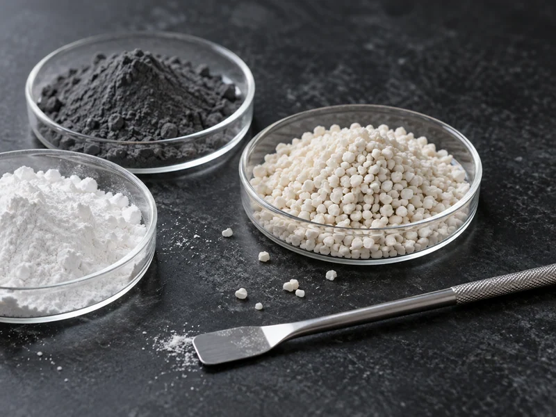 Research powder samples in shallow dishes with a metal spatula.