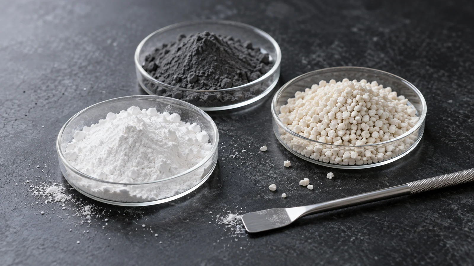 Research powder samples in shallow dishes with a metal spatula.