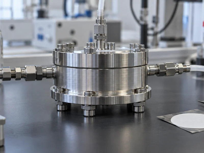 Bolted laboratory membrane test cell with tubing connections.