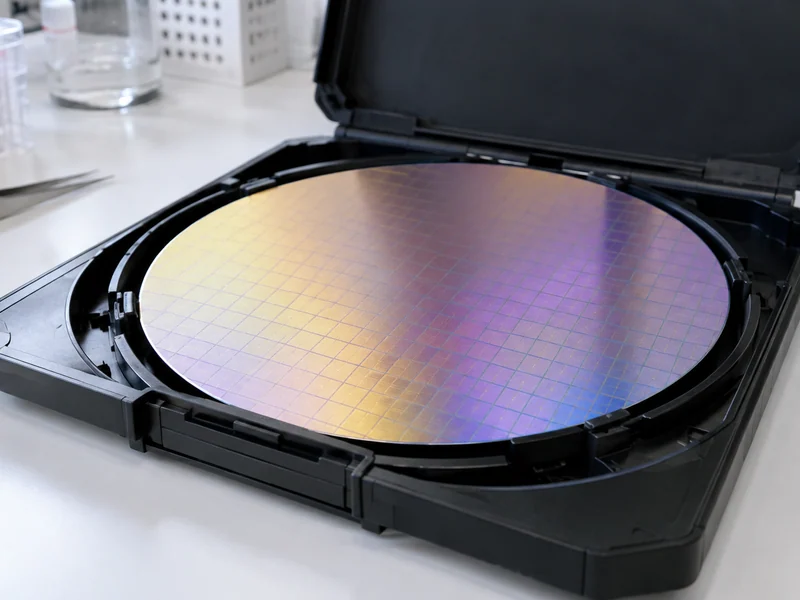 Polished wafer with subtle interference colours in an open carrier.