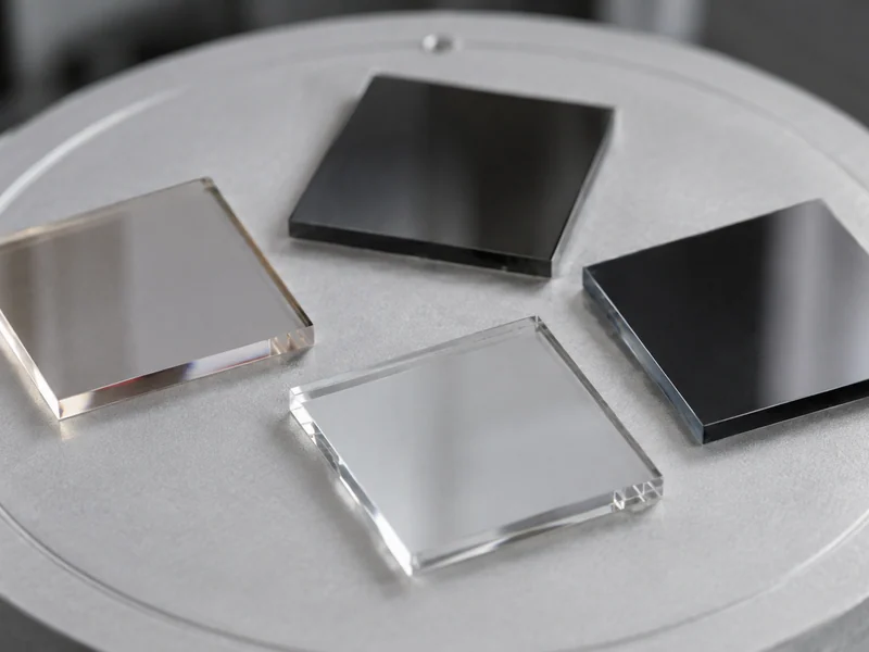 Small polished single-crystal substrate squares on a sample holder.