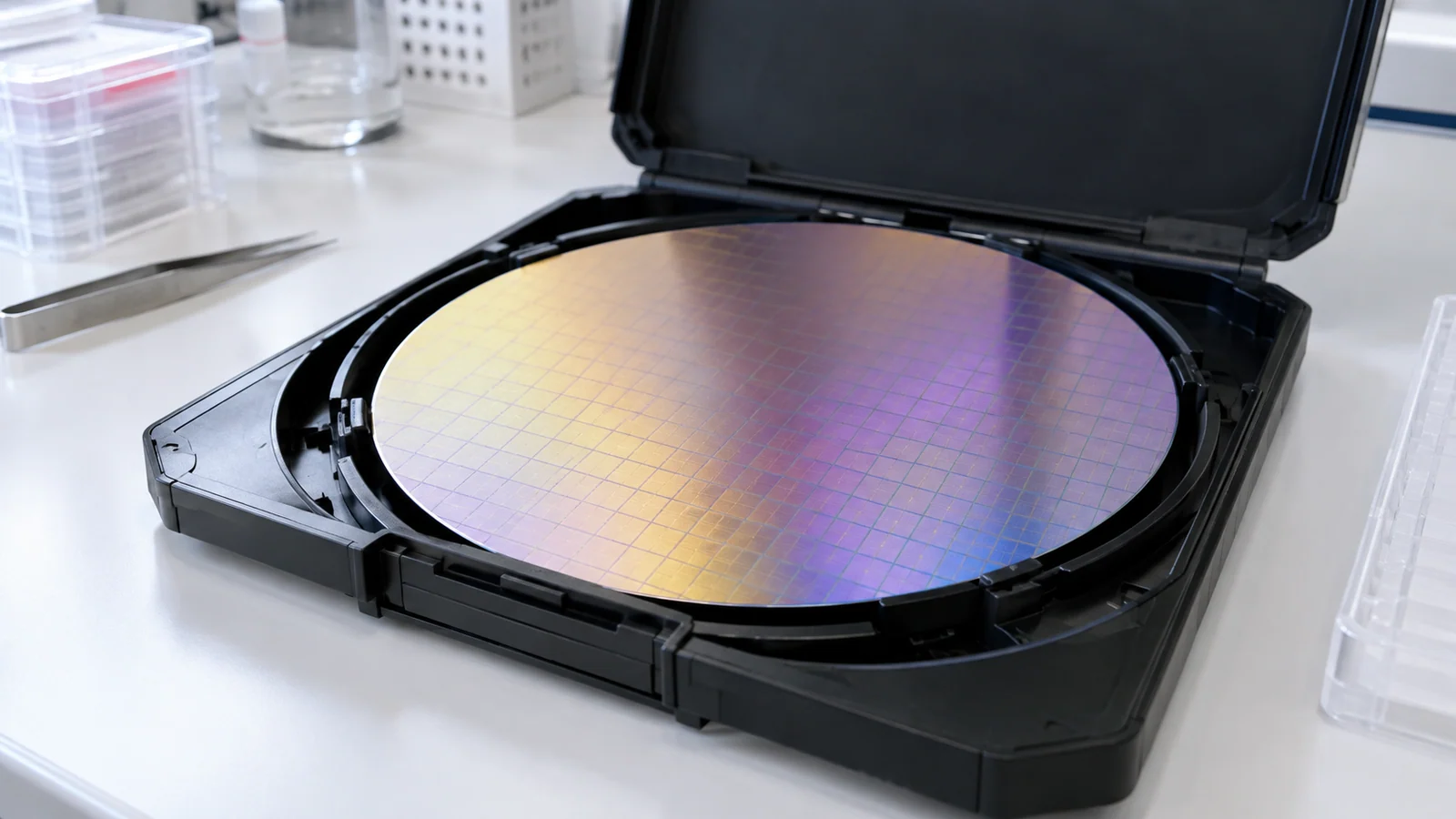 Polished wafer with subtle interference colours in an open carrier.