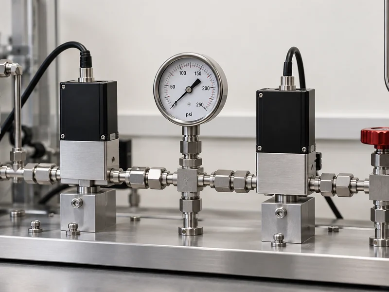 Stainless gas manifold with flow-control modules, pressure gauge and red valve handle.
