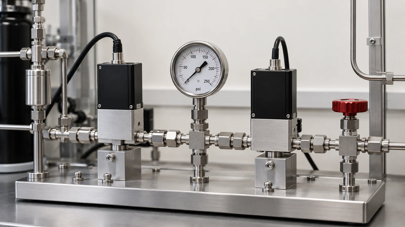 Stainless gas manifold with flow-control modules, pressure gauge and red valve handle.