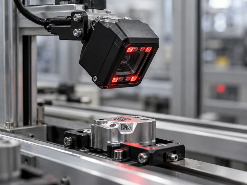 Fixed industrial code reader directed toward a marked metal part.