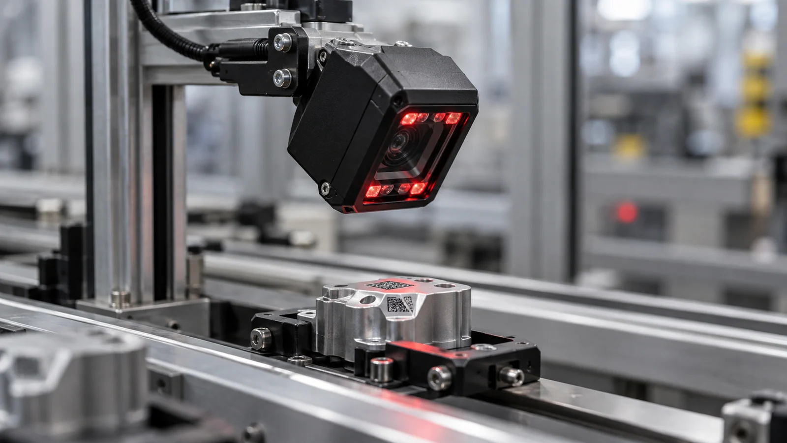 Fixed industrial code reader directed toward a marked metal part.