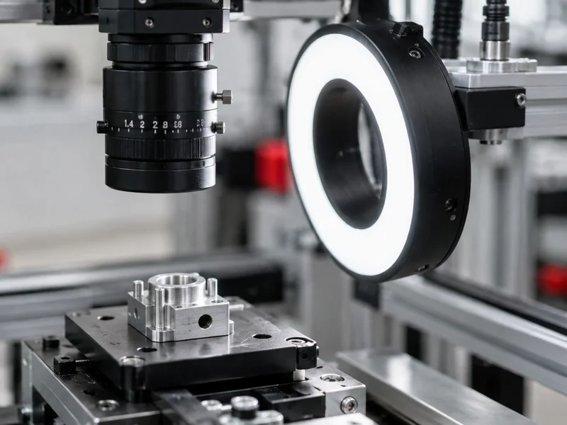 Machine-vision lens and ring lighting above an inspection fixture.