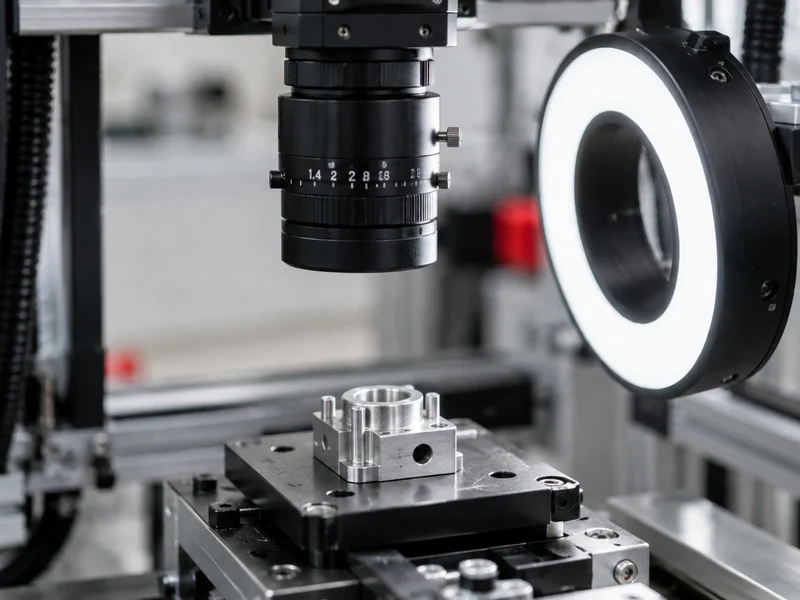 Machine-vision lens and ring lighting above an inspection fixture.