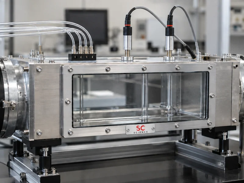 Laboratory airflow test section with an inspection window and probe fittings.