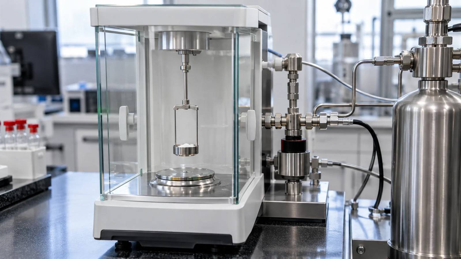 Laboratory balance enclosure and adjacent gas-conditioning equipment.