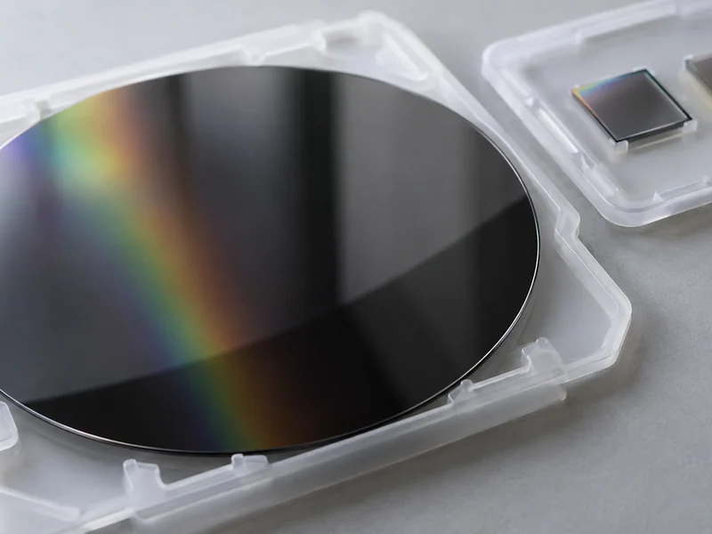 Polished semiconductor wafer and small crystal substrate pieces.