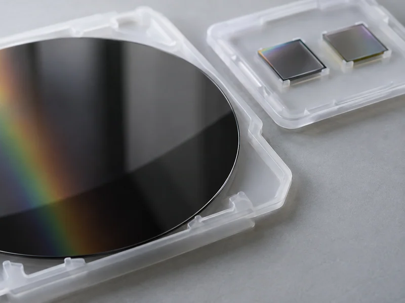Polished semiconductor wafer and small crystal substrate pieces.
