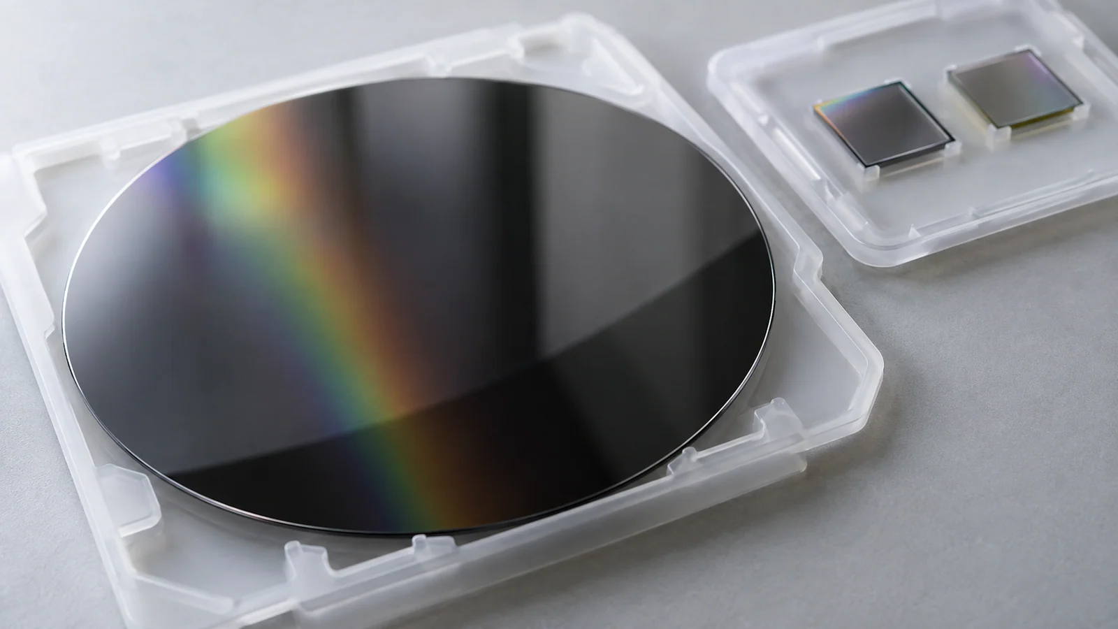 Polished semiconductor wafer and small crystal substrate pieces.