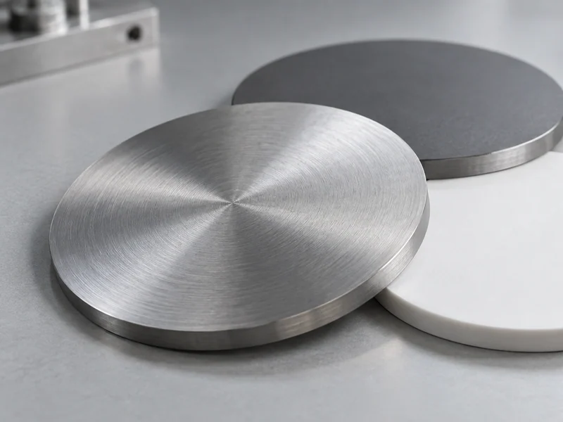 Circular metal and ceramic deposition targets on a pale laboratory surface.