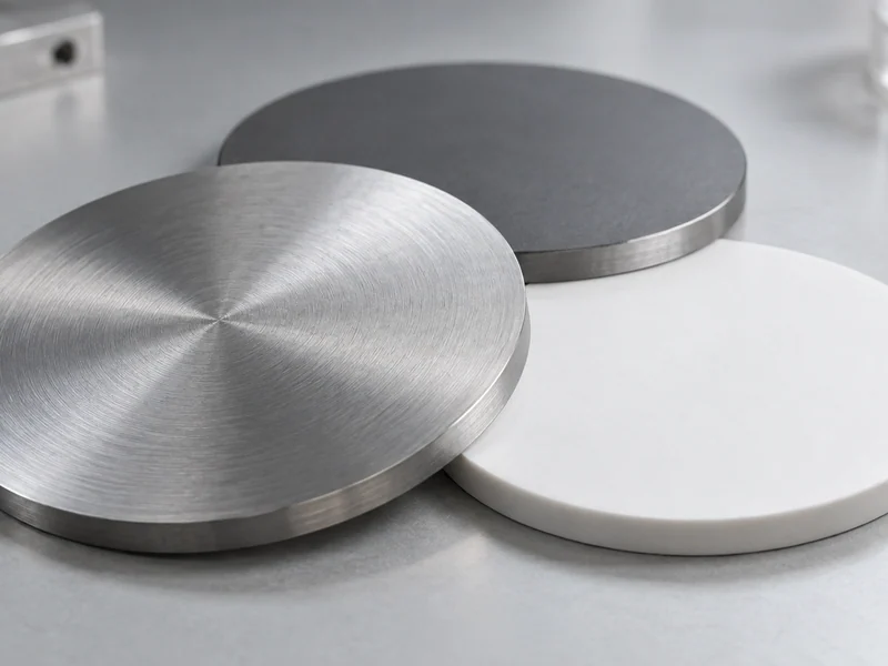 Circular metal and ceramic deposition targets on a pale laboratory surface.