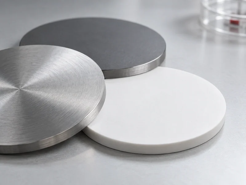 Circular metal and ceramic deposition targets on a pale laboratory surface.