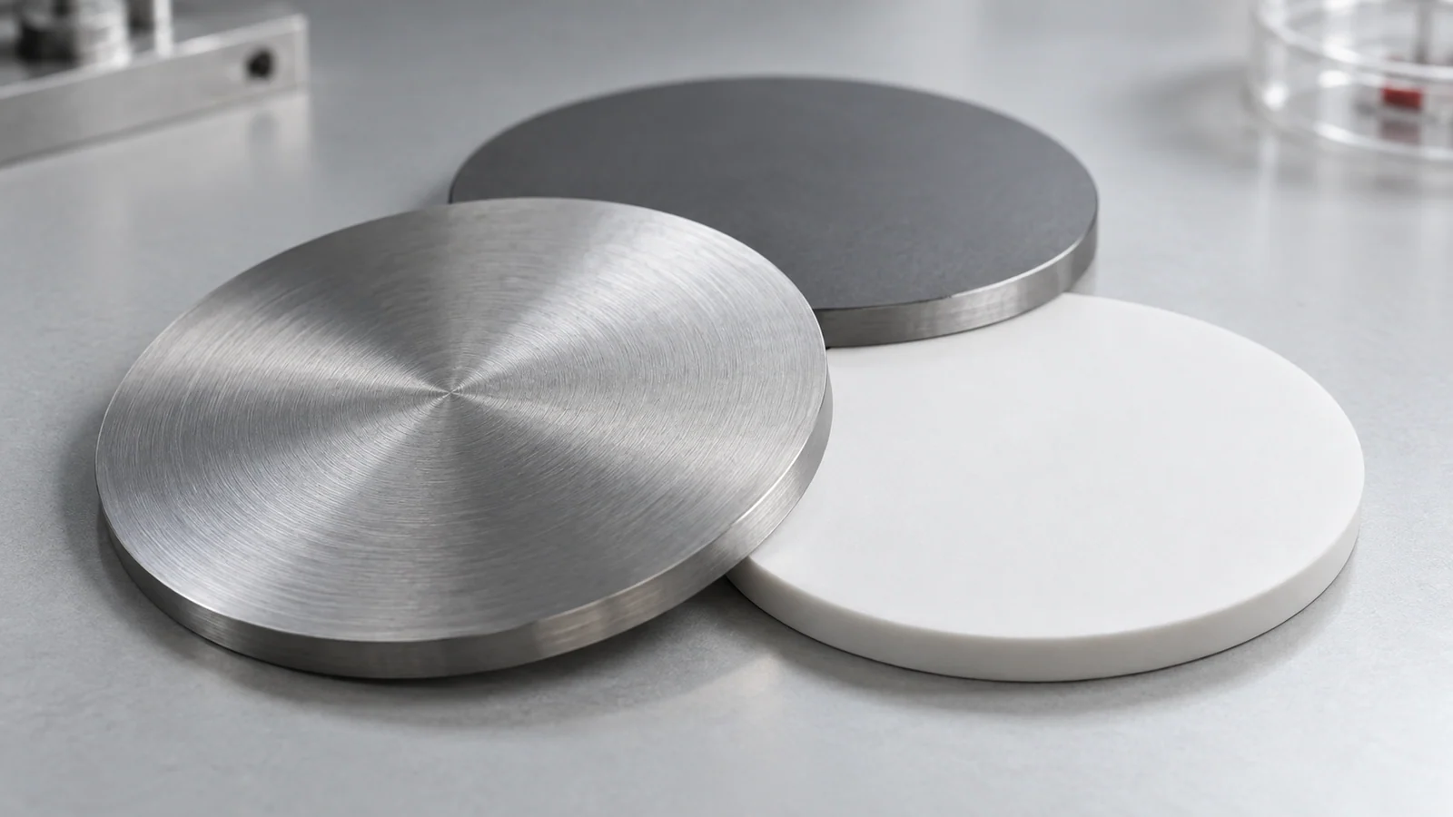 Circular metal and ceramic deposition targets on a pale laboratory surface.