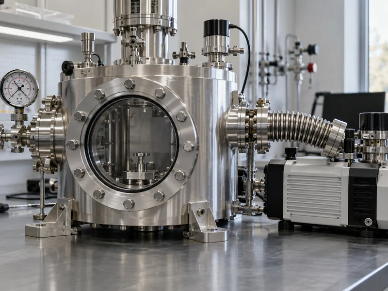 Stainless vacuum chamber with connected pump, gauge and bellows.