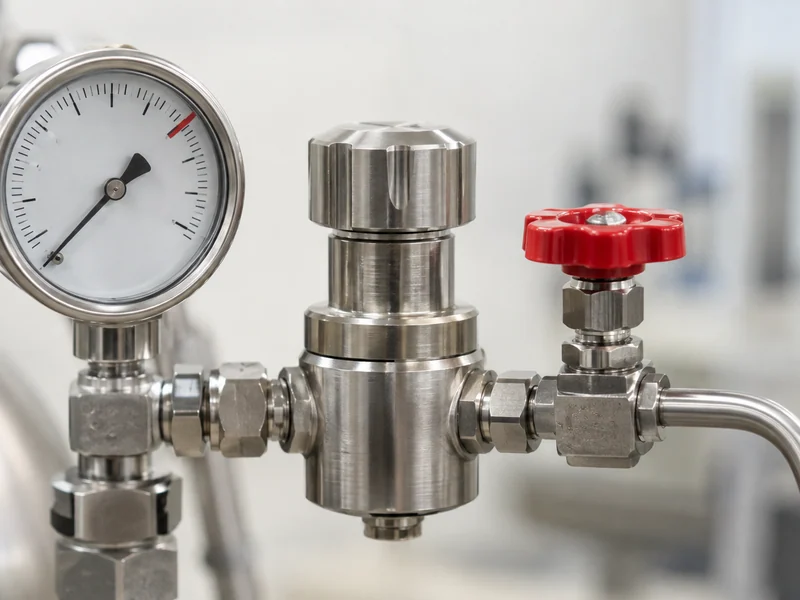 Close view of a pressure regulator, gauge and red valve handle.