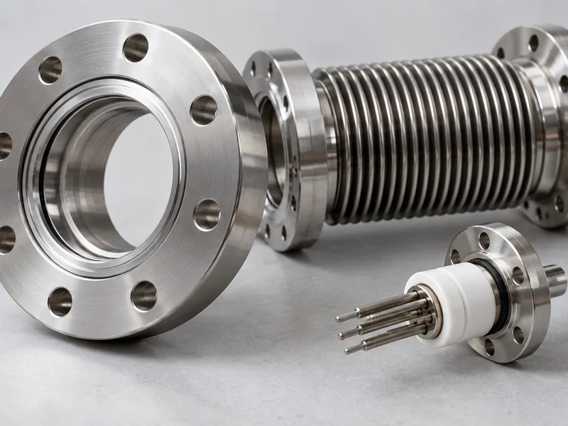 Stainless vacuum flange, bellows and ceramic-insulated feedthrough.