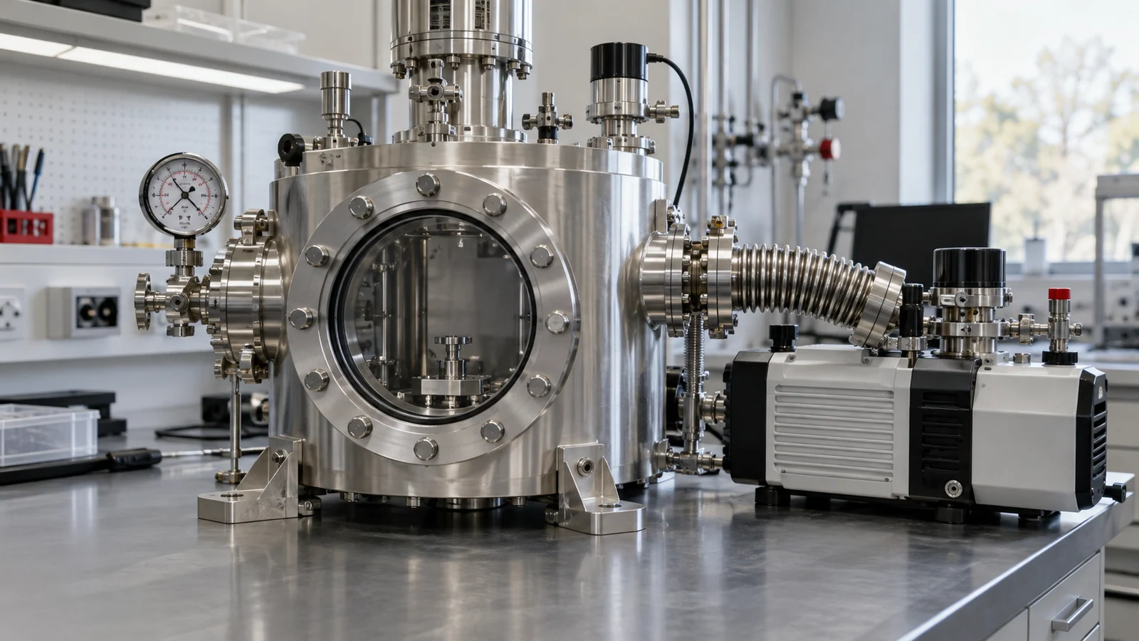 Stainless vacuum chamber with connected pump, gauge and bellows.